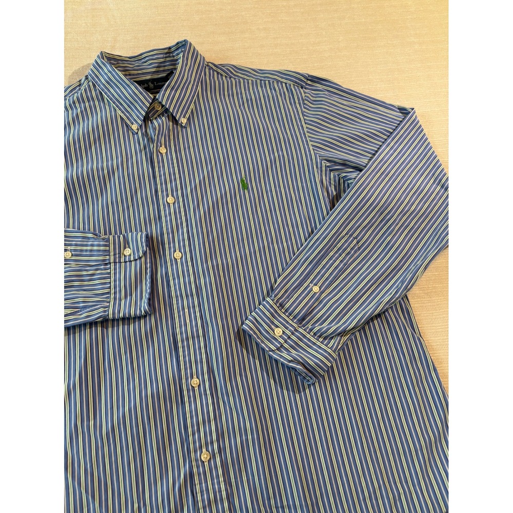 Ralph Lauren Custom Fit Blue Green Striped Button Down Shirt Mens XXL Cotton